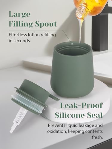 INGOFIN Ceramic Lotion Dispenser - 12oz Refillable Hand Soap Dispenser Bathroom, Modern Liquid Dispenser with Pump, Dish Dispenser for Kitchen, Matte Green - color: Matte Green -Liquid