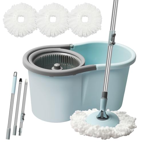 Spin Mop and Bucket, Mop and Bucket with Wringer Set for Home, 360 Spinning Mop Bucket Floor Cleaning Tool with 3 Microfiber Mop Replacement Head Refills,50" Extended Handle for Floor Cleaning Home - color: Blue