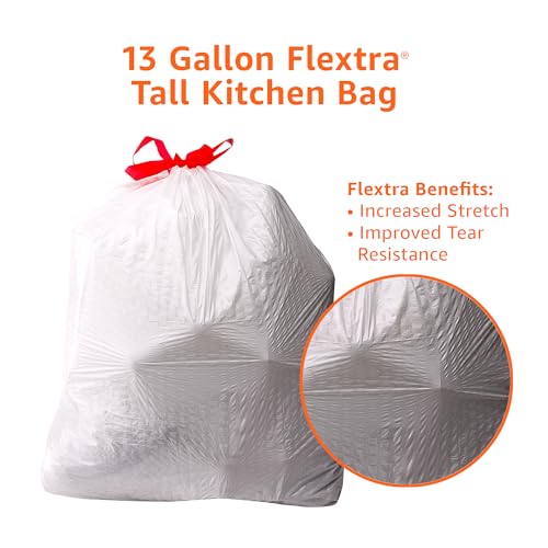 Amazon Basics 13 Gallon Tall Kitchen Drawstring Trash Bags, Flextra Strength, Tear Resistant, 10% Post Consumer Recycled, 50 Count, White - size: 50 Count