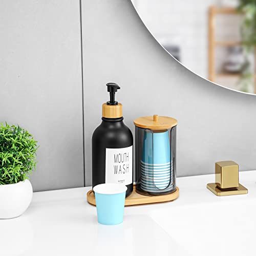 VITVITI Mouthwash Dispenser for Bathroom, Mouth Wash Pump Bottle with Paper Cup Holder, 17Oz Refillable Black Mouthwash Container with Bamboo Lid/Tray/Label - color: Black