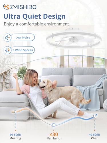 ZMISHIBO 24 Inch Ceiling Fans with Lights and Remote, Modern Low Profile Ceiling Fan, 3000-6000K Dimmable Flush Mount LED Fan Light, 6 Wind Speeds, Fandelier Ceiling Fans for Bedroom- White - color: White, size: 24 INCH
