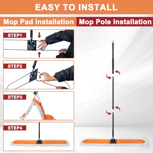 48" Commercial Dust Mops for Floor Cleaning, Heavy Duty Floor Duster with 60" Long Handle, Industrial Wet Dry Sweeper Mop with 2 Reusable Mop Pads for Janitor Indoor Warehouse Gym Hotel Clean - size: 48 inch
