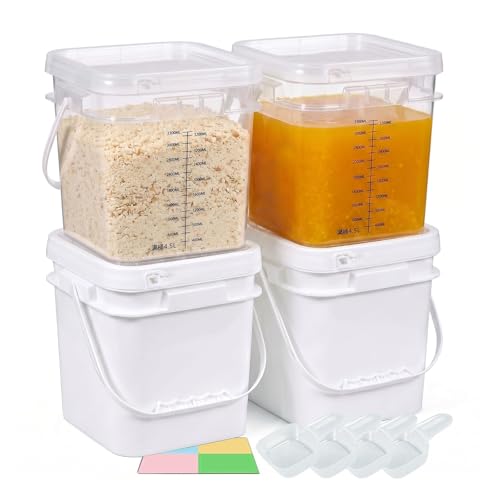 DEMORA 1Gallon Food Grade Square Plastic Bucket with Lid, Clear Airtight Storage Container, Reusable Pail for Kitchen Food Water Ice Cream Household Use 4Pcs (2 White+2 Transparent) - color: White+transparent