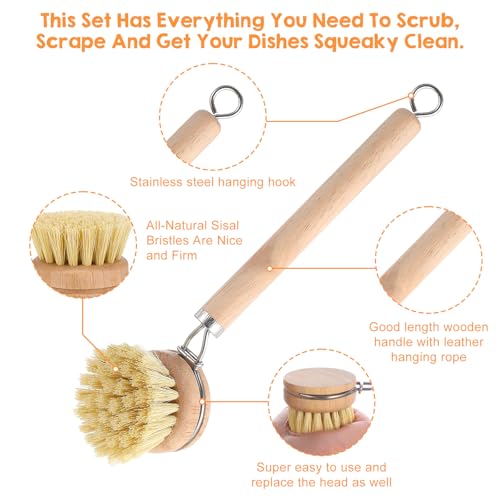 11 Pcs Bamboo Dish Brush Set, Multifunctional Bamboo Dishwashing Scrub Brush with Natural Sisal Bristles, Wooden Handle Dish Brush with Replacement Heads for Cleaning Pots Dishes Pans Vegetables