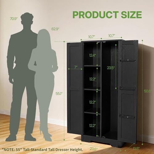 NORTHSKY 55" Wooden Broom Closet, Tall Storage Cabinet for Vacuum Cleaner&Mops, Compatible with Dyson, Utility Cabinet w/4 Shelves&Hanging Rod, Freestanding Organizer for Laundry,Garage,Home,Office