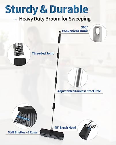 LandHope Hard Bristle Deck Broom Adjustable Long Handle Scrub Brush Heavy Duty Concrete Push Broom Outdoor Brush Garage Broom Wood Large Floor Scrubber 28-52 inch Balcony -Multi Segment Handle