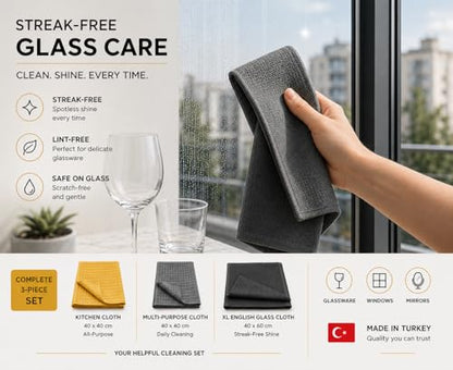 Premium Microfiber Cleaning Cloths, 3-Pack - 1 XL Glass Cleaning Cloth (16”x24”), 2 Waffle Weave Microfiber Cloths (16”x16”), Ultra Absorbent, Lint-Free, Streak-Free & Reusable