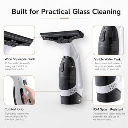 Cordless Window Vacuum Cleaner with Extension Pole, Rechargeable Glass Cleaning Squeegee Kit, 5.07 fl oz Water Tank, Spray Bottle & Microfiber Pad for Windows Shower Doors Mirrors Tiles