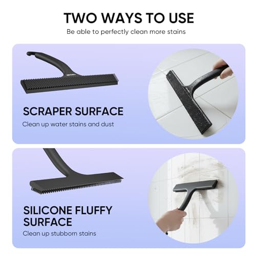 Shower Squeegee for Shower Glass Door Bathroom Accessories, Dual Head Wiper Cleans Water & Hair, Silicone Blade, Non-Slip Long Handle, Glass Window Door Wall Tile Cleaner