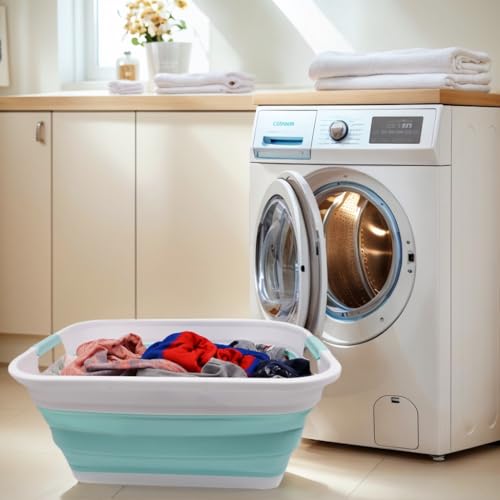 SAMMART 41L (10.8 gallon) Collapsible Plastic Laundry Basket-Foldable Pop Up Storage Container/Organizer-Portable Washing Tub, Water capacity: 32L (8.4 gallon) (Rectangular, White/Lake Green) - color: White/Lake Green