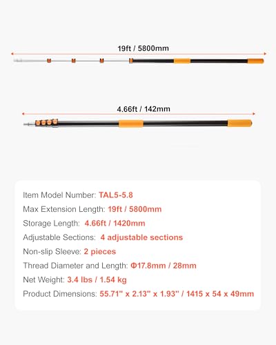 VEVOR Telescopic Extension Pole, 4.66-19 FT Multi-Purpose Extendable Pole, Sturdy Aluminum Alloy Paint Pole Extension with Flip-Lock Design, High Reach Roller Stick for Painting, Dusting and Cleaning - style: 5-19 FT