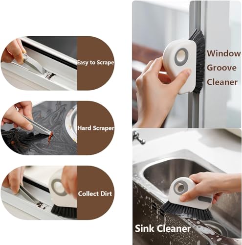 2 in 1 Groove Cleaning Brush Window Track Cleaning Tools,Multifunction Hard Bristle Crevice Cleaning Brush with Hidden Scraper, Grout Cleaner Grip Brush for Sliding Door Track(White,1PCS)