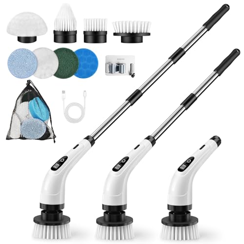 GOXAWEE Electric Spin Scrubber, Cordless Cleaning Brush with 8 Replaceable Brush Heads, Power Shower Scrubber with Long Handle for Bathroom, Tub, Tile, Floor (White)