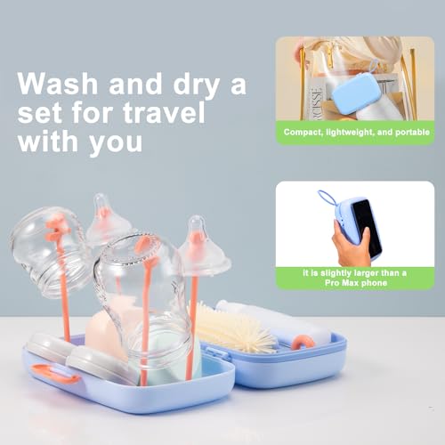 7in1 Travel Bottle Cleaner kit with Baby Bottle Brush and Bottle Drying Rack,Swift Cleaning, Easy Portability(Blue) - color: Blue
