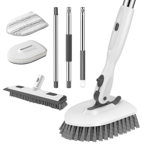 SetSail 4-in-1 Tile Tub Floor Scrubber with 52-inch Adjustable Long Handle Shower Cleaner Brush Comes with Floor Scrub Brush and 3 Replacement Brush Heads for Cleaning Bathroom Tub Tile, White Grey - color: White Grey, size: 2 pads+brush