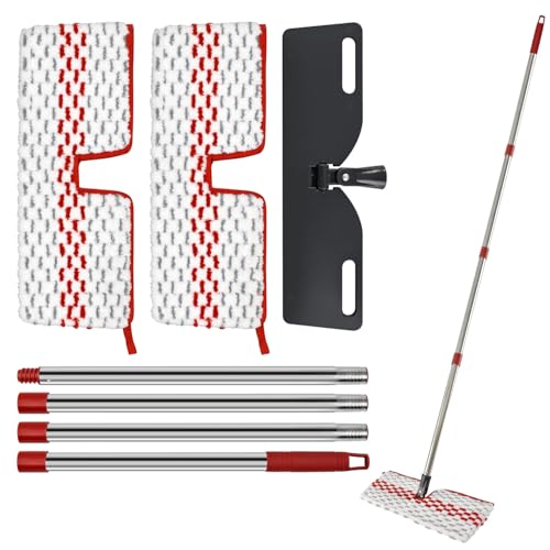 Microfiber Flat Mop Set for Floor Cleaning Ocedar ProMist MAX Dust Mop for Hardwood Floor, Dual-Action Flip Mops Wet & Dry Clean, Adjustable 58" Stainless Steel Mop Handle & 2 Reusable Refills & Base - color: Red & Gray