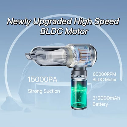 Sharperlife Cordless Handheld Vacuum, Portable Rechargeable 15000Pa Strong Suction Vacuum, 30mins Runtime Lightweight for Car Home Camping