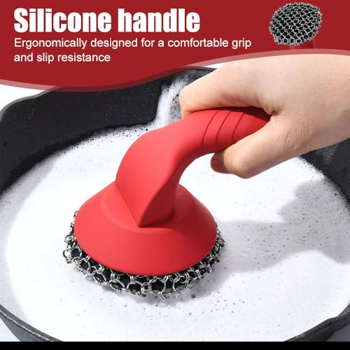 Cast Iron Cleaner, Stainless Steel Cast Iron Scrubber with Silicone Handle, Portable Kitchen Cleaning Brush for Kitchen Pots Pans Sink - color: Red
