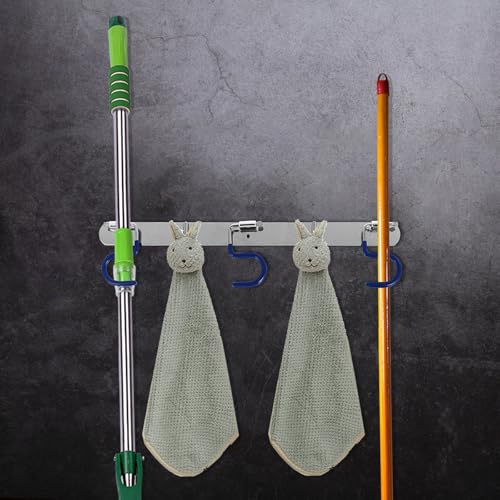 FENICAL Heavy-Duty Wall-Mounted S-Type Mop Hook Holder 304 Stainless Steel Rack with 3 Mop Slots and 2 Utility Hooks for Kitchen Garage Bathroom Storage