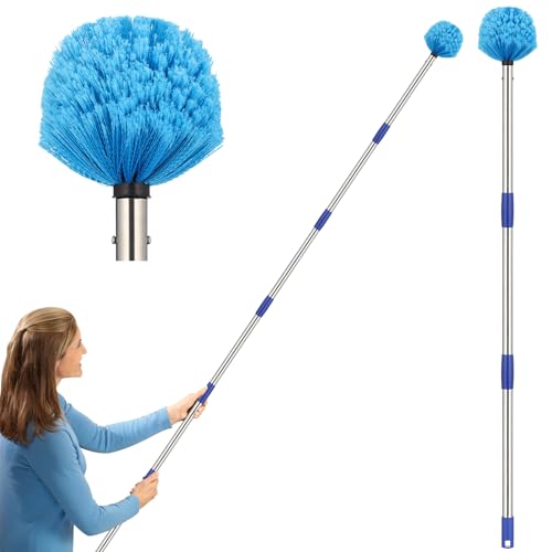 Cobweb Duster with Extension Pole, 8 ft Spider Web Brush for Outdoor House Cleaning, Cob Web Remover for High Ceilings Fans, Medium-Stiff Bristles Round Head, Steel Long Handle, Lightweight Cleaner - size: 8 FT