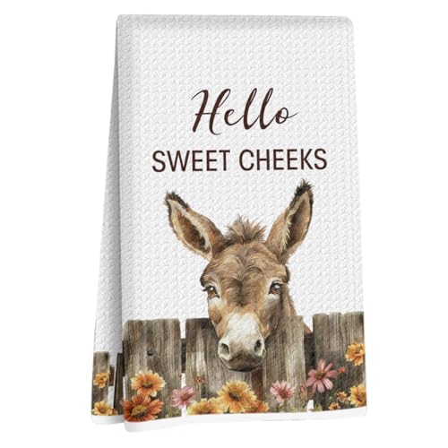 Funny Farmhouse Donkey Hand Towels, Hello Sweet Cheeks Hand Towels for Bathroom Kitchen Decor, Waffle Weave Absorbent Hand Cloth Tea Towel, Funny Donkey Bathroom Decor, 14x24 Inches - color: Donkey