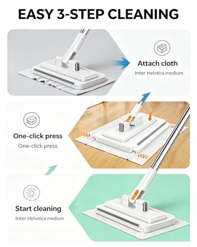 Hands Free Multi Purpose Flat Mop Using Any Cloth Floor Cleaning One Click System Convenient Changing Mini Easy Tap Snap Grip Disposable Lazy Clips Towel Fiber Lock Home Use Portable(53.15in) - color: 53.15in