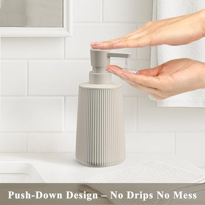 Beige 2 Pack Hand Soap Dispensers Set with No Rust Pump for Bathroom and Kitchen Countertops Refillable Matte Striped Plastic 8.5 oz - color: Beige Set of 2