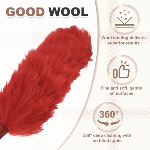 uxcell Wool Duster, 24.4" Natural Feather Cleaner Household Cleaning Duster with Solid Wooden Handle for Cleaning Fans Window Blinds Shelves Furniture, Red - color: Red, size: 24.4"