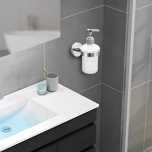 Wall Mount Soap Dispenser with SUS304 Stainless Steel Holder, 6.8 oz (200ml) Frosted Glass Lotion Pump Dispenser for Bathroom and Kitchen, Silver - size: Silver
