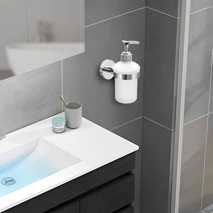 Wall Mount Soap Dispenser with SUS304 Stainless Steel Holder, 6.8 oz (200ml) Frosted Glass Lotion Pump Dispenser for Bathroom and Kitchen, Silver - size: Silver