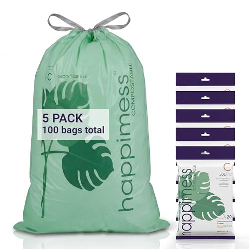 happimess 13.2 Gallon (50L) Drawstring Trash Bags, Unscented, Green, Liners for Kitchen and Household, Custom Fit 100 Count (5 Packs of 20 Liners) HPM3000C-G-5SET - color: Green, size: 100 Count (Pack of 1)