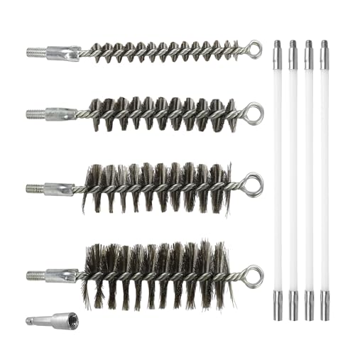 50 Inch Pipe Cleaning Brush Set with Stainless Steel Bristles, Wire Brush with 4 Flexible Rods and Hexagonal Connecting Rod, Stainless Steel Pipe Brush Set (3/5, 1, 1 3/5, 2 in Brush Heads)