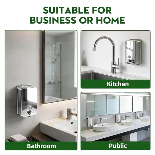 RYTOXILO Wall Mounted Soap Dispenser Silver Stainless Steel Commercial Soap Dispenser Hand Soap Dispenser for Bathroom Kitchen Home (34 fl oz / 1000ml) - color: Silver
