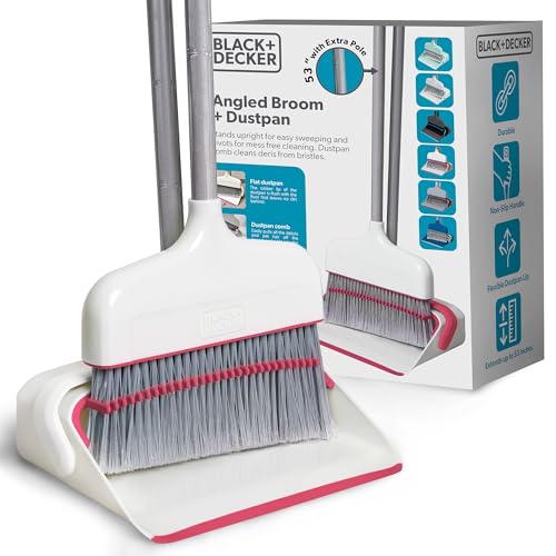 BLACK+DECKER Butler Broom & Dustpan Set - Stand-Up Design - Lightweight, Space-Saving Combo for Kitchen, Living Room, Bathroom, Lobby Floors - Home Cleaning Essential, White/Pink - size: White/Pink Butler Broom & Dustpan