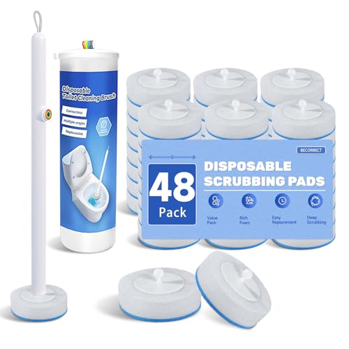 Disposable Toilet Brush with 48 Refills and Replaceable Scrubber Heads, Toilet Bowl Cleaner Wand and Wall-Mounted Holder, Space Saving Bathroom Cleaning System for Home, Apartment and RV - size: 1 Wand + 1 Caddy + 48 Refill Pads