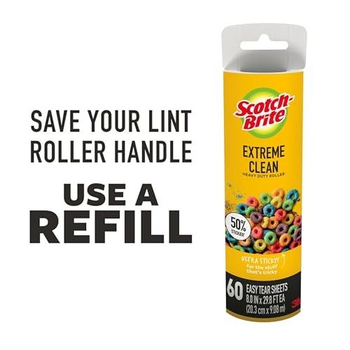 Scotch-Brite Extreme Clean Large Lint Roller, 50% Stickier*, Heavy Duty for Removing Debris and Pet Hair on Clothes, Furniture, Cars, Offices & More, 1 Pack, 60 Adhesive Sheets Total