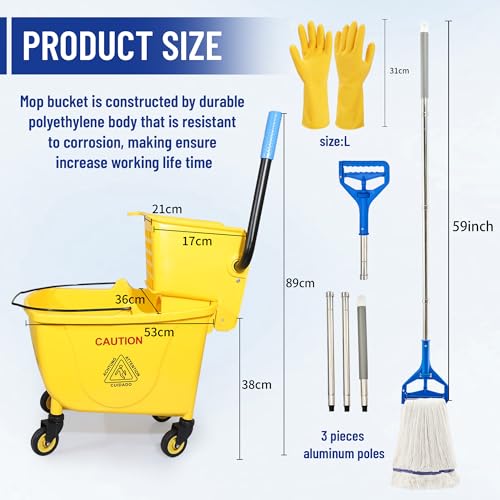 35QT Side-Press Mop Bucket and Wringer Combo on Wheels, Yellow,Including One Heavy Duty Industrial Mop and One Set Large Rubber Cleaning Gloves