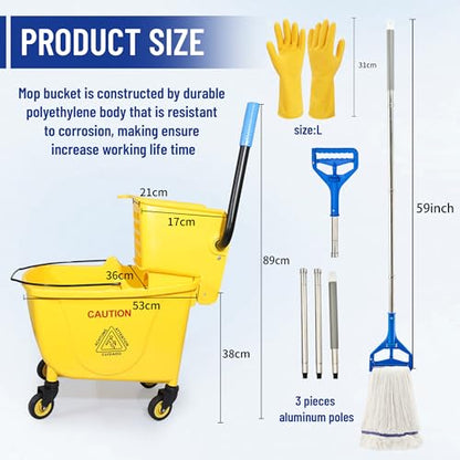 35QT Side-Press Mop Bucket and Wringer Combo on Wheels, Yellow,Including One Heavy Duty Industrial Mop and One Set Large Rubber Cleaning Gloves