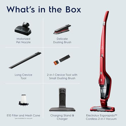 Electrolux Ergorapido Pet Cordless 2-in-1 Vacuum Cleaner with Motorized Pet Nozzle for Easy Pet Hair Removal, 48-Minute Run Time, 2 Power Modes, Chili Red - style: Pet Version