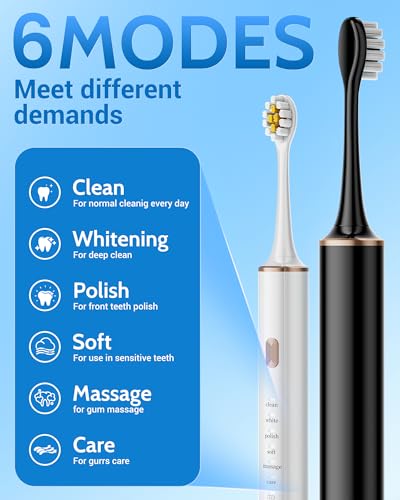 Aneebart Sonic 2 Pack Electric Toothbrush for Adults and Kids, Travel Toothbrush Includes 12 Replacement Toothbrush Heads, 6 Modes with 2 MIN Smart Timer (Black White) - color: Black+white