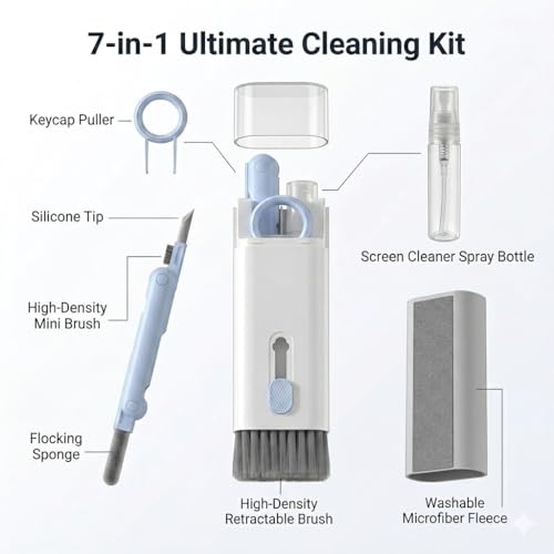 7-in-1 Multifunctional Electronics Cleaning Kit, Portable Keyboard Cleaner with Spray Bottle, Brush, Earbud Cleaner Tool for AirPods, Laptop, Phone, Screen, Camera, Headphones - color: Blue