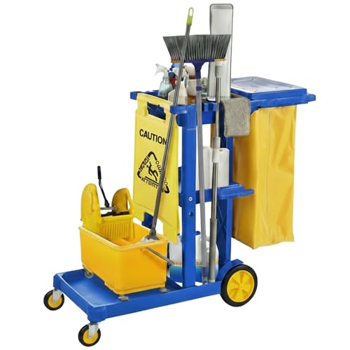 Houseables Cleaning Cart, Janitorial Cart, Cleaning Caddy with Wheels, for Housekeeping, Janitor, Custodian, House Keeping, Maintenance, Rolling Supply Organizer, Custodial, Maid, Commercial, 440 LB - color: Blue