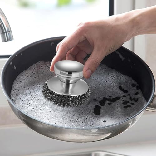Steel Wool Scrubber Set, 2 Pack Stainless Steel Scrubber with Stainless Steel Handle for Cleaning Dish, Cast Iron, Stock Pot, Pan, Griddle, Grill, Stove, Sink, Bathtub, Tile, with 3 Replacement Pads - color: Silver - Steel