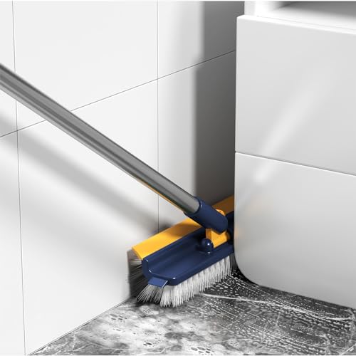 Generic Grout Scrub Brush with 42"" Long Handle Double-Sided Floor Scrub Brush V-Shape Grout Cleaner with Squeegee 180° Rotating for Tile Floors, Baseboards, Wall, Navy - color: Navy