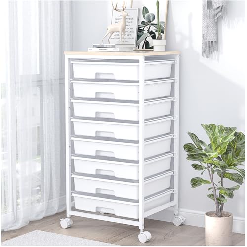 SYKIARIOL Rolling Storage Cart with Drawers,Utility Cart With 8 Drawers and Wooden Tabletop,Rolling Drawer Cart,Storage Drawer Cart for Living Room,Classroom,Bedroom,Bathroom,Dorm,Office,White - color: White