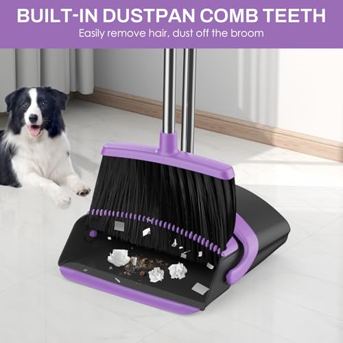 Broom and Dustpan Set for Home, 51-in Long Adjustable Handle Angle Broom and Dustpan Combo Set with Dust Pan Teeth to Clean Hair for Home Kitchen Office Lobby Floor Garden (Black&Purple) - color: Black Purple