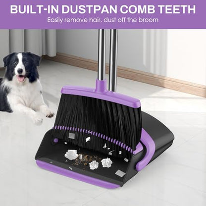 Broom and Dustpan Set for Home, 51-in Long Adjustable Handle Angle Broom and Dustpan Combo Set with Dust Pan Teeth to Clean Hair for Home Kitchen Office Lobby Floor Garden (Black&Purple) - color: Black Purple