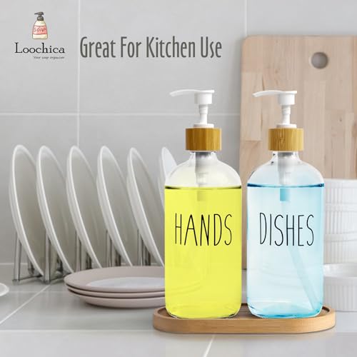 LOOCHICA Clear Glass Soap Dispenser Set with Tray, Transparent Dish and Hand Soap Dispenser Set, Refillable Reusable Apothecary Soap Pump Dispenser Bottles for Bathroom and Kitchen - color: A05-2 X Clear