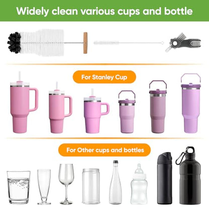 3 PCS Bottle Clean Brush Set, Long Wooden Handle Bottle Cleaner Brush for Stanley Cup Tumblers, 3 in1 Cup Lid Cleaning Brush, Long Straw Brush,Water Bottle Clean Brush Kit for Bottle Cups Coffee Mugs