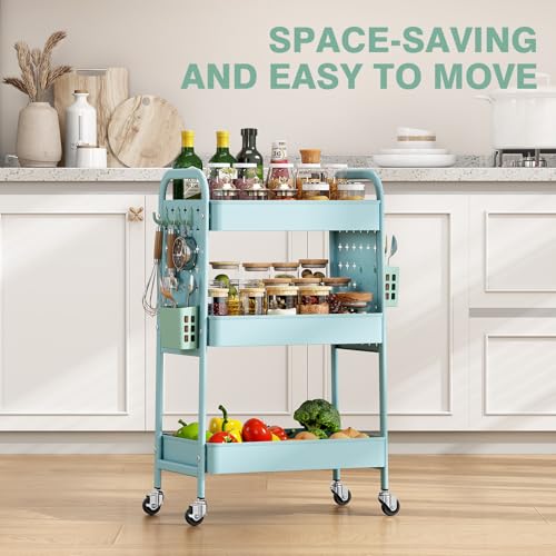 KINGRACK 3 Tier Rolling Cart with DIY Pegboard, Metal Utility Cart with Wheels, Hooks & Baskets, Sturdy Storage Organizer for Craft, Bathroom, Kitchen, Office, Nursery, Classroom（Blue） - color: Blue